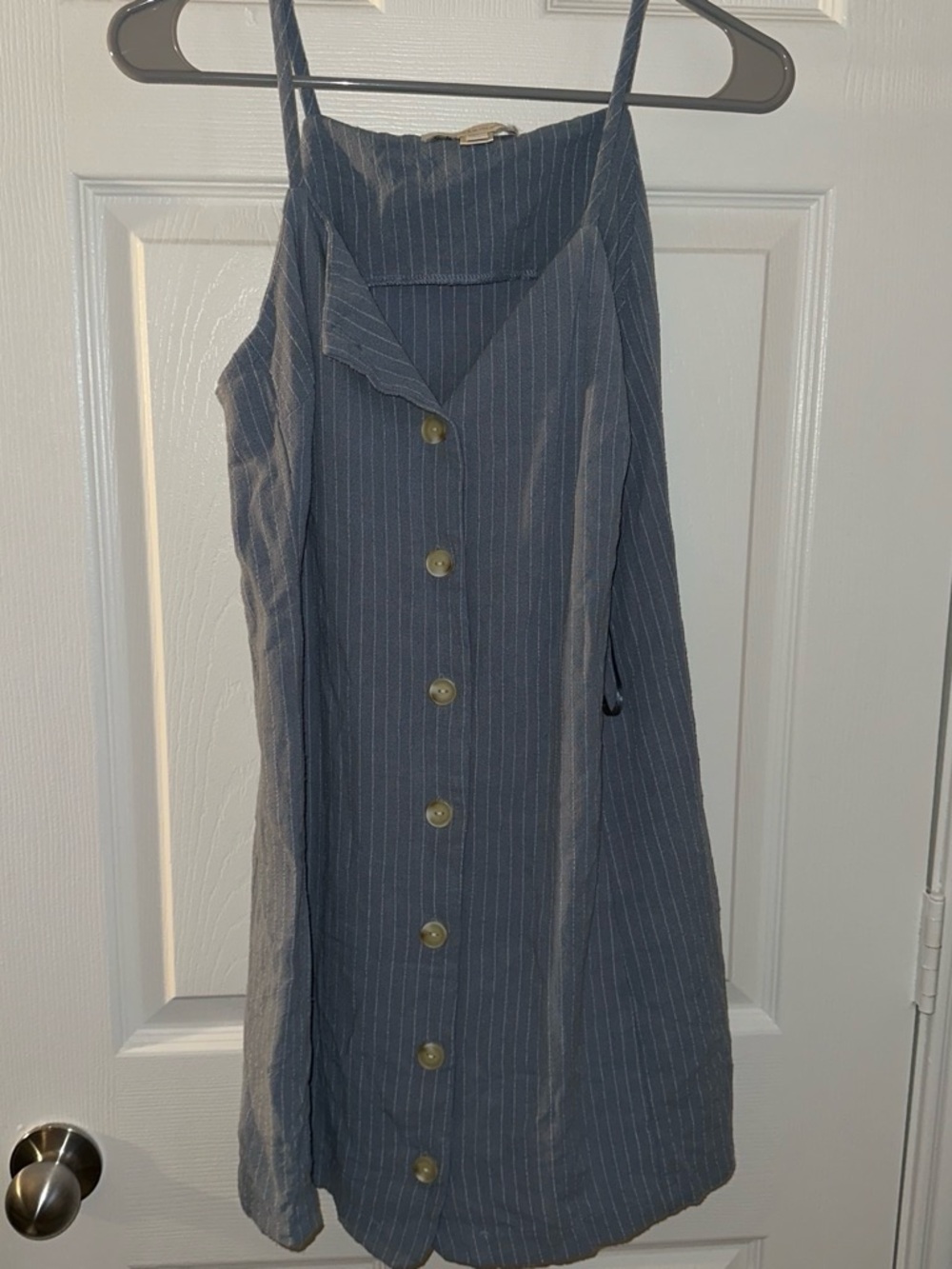 Striped Button-Front Midi Dress in Steel Blue